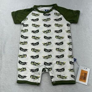 NWT Kickee Pants SS Raglan Romper Natural Olive Branch 3-6, 6-12, 12-18 Months